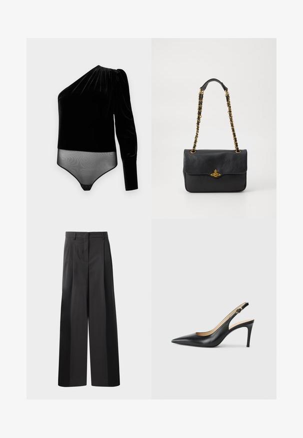 Fekete bársonybodysuit, egy hosszú ujjal és áttetsző alsó résszel. Sima textúrájú, a vállnál fodros kialakítással és patentos záródással.; Fekete, bő szárú nadrág magas derékkal, elöl plissékkel, sima felülettel és igényes kidolgozással. Kényelmes viseletre tervezve.; Fekete bőrből készült, hegyes orrú, állítható pánttal rendelkező magassarkú szandál, elegáns tűsarokkal, sima felülettel.; Fekete bőrtáska hajtókával, arany tónusú lánc pánttal és logóval ellátott részlettel elöl. Simább textúra.