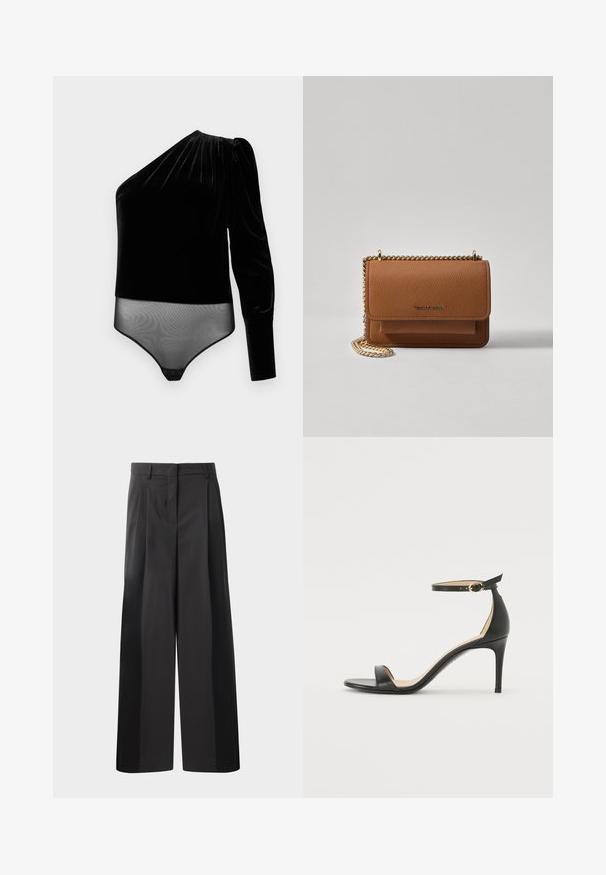 Schwarzer Samtbodysuit mit einem langen Ärmel und transparentem unterem Bereich. Glatte Textur mit gerafftem Design an der Schulter und Druckverschluss.; Schwarze, weit geschnittene Hose mit hoher Taille, versehen mit Frontfalten, einer glatten Textur und einem maßgeschneiderten Finish. Entworfen für eine lockere Passform.; Schwarze Leder-high-heeled Sandale mit Knöchelriemen. Verfügt über eine glatte Textur, offene Zehen und einen dünnen Absatz. Goldfarbener Schnallenakzent.; Braune strukturierte Ledertasche mit goldener Kettenriemen und Klappenverschluss. Die Vorderseite zeigt ein Logo-Detail und eine Tasche unter der Klappe.