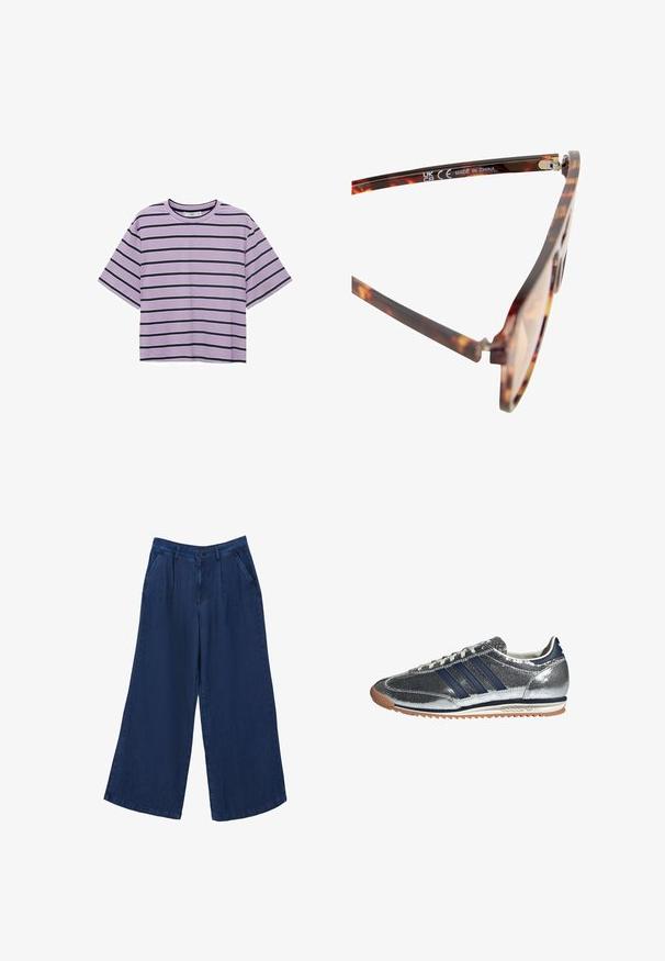 Svetle fialová krátká trička s krátkým rukávem a vodorovnými černými pruhy. Má kulatý výstřih a jemnou texturu látky.; Džíny širokého střihu v tmavě modré barvě. Obsahují dvě přední kapsy, zapínání na knoflík a hladký povrch s lehkým materiálem.; Stříbrné syntetické tenisky s námořnickými pruhy, kulatou špičkou, bílým lemováním a gumovou podešví. Mají texturovaný svršek a šněrování.; Sluneční brýle s želvovinovým vzorem, hnědé čočky, plastový rám a decentní kovové akcenty na pantech. Vyrobeno v Číně.