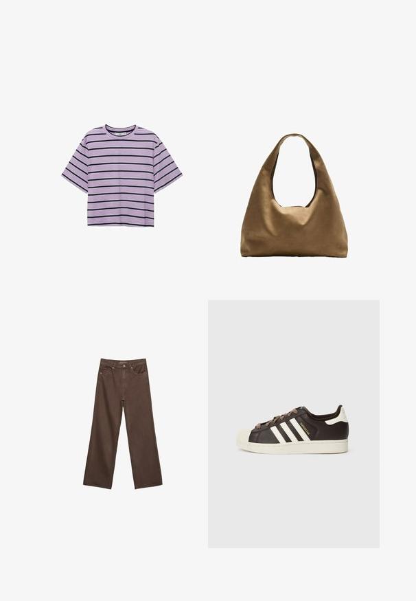 Fialová krátka tričko s krátkym rukávom a čiernymi horizontálnymi pruhmi. Má okrúhly výstrih a mäkkú textúru látky.; Džínsy s širokými nohavicami v hnedej farbe, vyrobené z denimu, so zvýšeným pásom, prednými vreckami a klasickým zapínaním na gombík. Hladká textúra s jemným prešívaním.; Nízke tenisky Adidas Superstar z tmavohnedej kože s béžovou špičkou, bielymi pruhmi a nápisom „Superstar“ na boku.; Hnedá látková taška cez rameno s širokým, zaobleným telom a veľkým vyrezaným uchom. Mäkčená textúra, minimalistický dizajn a bez viditeľného kovania.