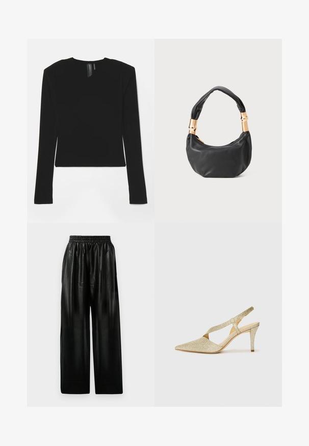 Črn dolg rokav s pretegnjeno tkanino, V-izrezom in prilagojenim krojem, z gladko teksturo in skrajšano dolžino.; Črne usnjene hlače širokega kroja z elastičnim pasom, ki imajo dve stranski žepi in gladko, sijočo teksturo.; Žareči zlati slingback čevlji s koničastim nosom, tankim gležnjenjem in vitkim petkom. Površina ima teksturiran metalni zaključek.; Črna usnjena torbica okrogle oblike, mehke teksture, z vozlanim ročajem in zlatimi kovinskimi dodatki. Zadrga za zapiranje.