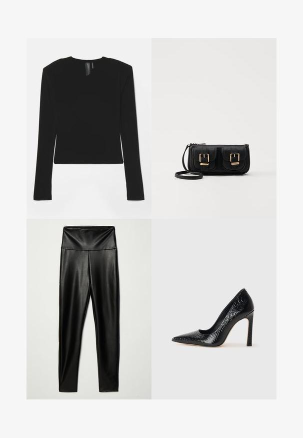 Fekete, hosszú ujjú felső, rugalmas anyagból, V-kivágással és formás szabással, sima textúrával és rövidített hosszal.; Fekete műbőr leggings, magas derékkal, sima felülettel és testhezálló fazonnal, a boka hosszúságáig ér.; Fekete hegyes orrú magassarkú cipő krokodilbőr textúrával, letisztult dizájnnal, magas tűsarkú és sima fekete belső résszel.; Fekete bőr keresztbody táska két elülső zsebbel, arany csattokkal, cipzáras záródással és vékony pánttal. Textúrált felület és kompakt téglalap alak.