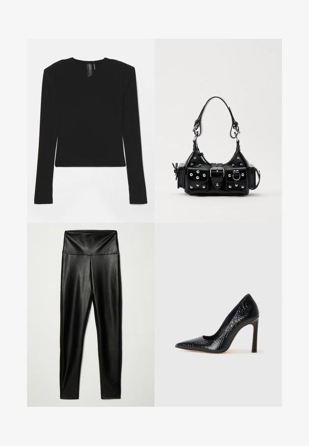 Črn dolg rokav s pretegnjeno tkanino, V-izrezom in prilagojenim krojem, z gladko teksturo in skrajšano dolžino.; Črne legice iz umetnega usnja z visokim pasom, ki imajo gladko teksturo in prilegajoč silhueto, segajo do gležnjev.; Črne čevlje z visoko peto in konico v obliki puščice, z teksturo krokodilje kože, ki se ponašajo s sleek oblikovanjem, visokim stiletto peto in gladkim črnim notranjostjo.; Črna usnjena torbica s ukrivljenim dizajnom, ki vsebuje srebrne žebljičke, zaponko in dve stranski žepki. Nastavljiv trak za različne možnosti nošenja.