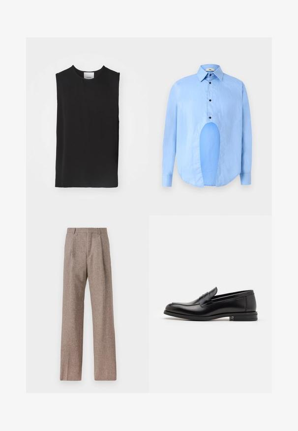 Black sleeveless top made of smooth fabric, featuring a round neckline and a loose fit, with clean seams and no visible accents or patterns.; Light blue long-sleeve shirt with a pointed collar, black buttons, and a unique cutout in the front for distinctive design.; Brown, high-waisted trousers made of textured fabric. Features wide legs and two front pleats for structure. Neat finish with no visible hardware.; Black leather loafers with a smooth texture, rounded toe, and a decorative strap across the vamp. Low stacked heel, minimalist design.