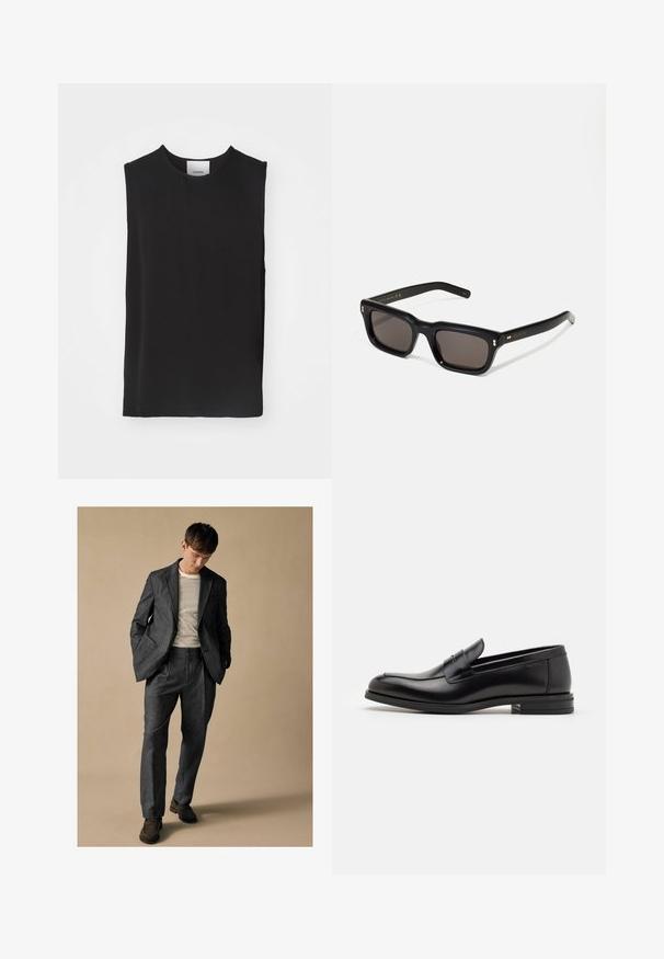 Czarny bezrękawnik wykonany z gładkiego materiału, z okrągłym dekoltem i luźnym krojem, z czystymi szwami i bez widocznych akcentów czy wzorów.; Szary dobrze dopasowany garnitur z klapami w kształcie notcha i przednimi kieszeniami, zestawiony z koszulą w paski. Spodnie mają luźny krój i detal w postaci zakładki. Brązowe buty.; Czarne skórzane mokasyny o gładkiej fakturze, zaokrąglonym nosku i dekoracyjnym pasku na przodzie. Niski, warstwowy obcas, minimalistyczny design.; Czarne prostokątne okulary przeciwsłoneczne z ciemnymi soczewkami, grubą plastikową oprawą, złotymi akcentami na zausznikach oraz wygrawerowanym logo marki na ramieniu.
