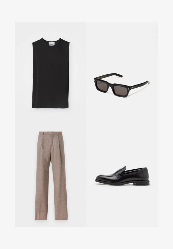 Črn top brez rokavov, izdelan iz gladkega materiala, z okroglim izrezom in ohlapnim krojem, s čistimi šivi in brez vidnih okrasnih elementov ali vzorcev.; Rjave hlače z visokim pasom, izdelane iz teksturirane tkanine. Imajo široke noge in dve sprednji pregibi za strukturo. Urejen zaključek brez vidne strojne opreme.; Črne usnjene loafer čevlje z gladko teksturo, zaobljenim nosom in dekorativnim trakom čez zgornji del. Nizka zložena peta, minimalističen dizajn.; Črne pravokotne sončna očala s temnimi lečami, debelim plastičnim okvirjem, zlatimi detajli na templjih in izgravirano blagovno znamko na ročaju.