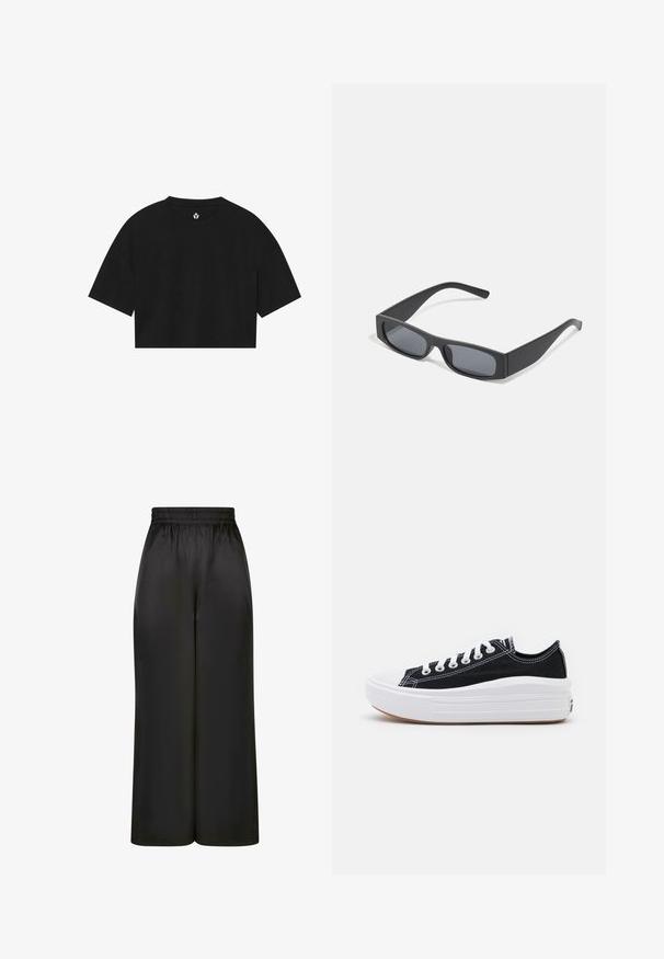 Čierne skrátené tričko z jemného materiálu, s krátkymi rukávmi, okrúhlym výstrihom a jednoduchým logom potlačeným pri golieri.; Čierne široké nohavice vyrobené z hladkého, lesklého materiálu s elastickým pásom a bez viditeľných vreciek či kovových detailov.; Čierne plátenné tenisky s bielymi šnúrkami, bielym gumovým špičkovým krytom a robustnou bielou medzipodrážkou. Obsahujú jemné biele švy a gumenú podrážku.; Čierne obdĺžnikové slnečné okuliare s tmavými sklami a hrubými matnými rámami. Ramena sú mierne zúžené s hladkým povrchom.