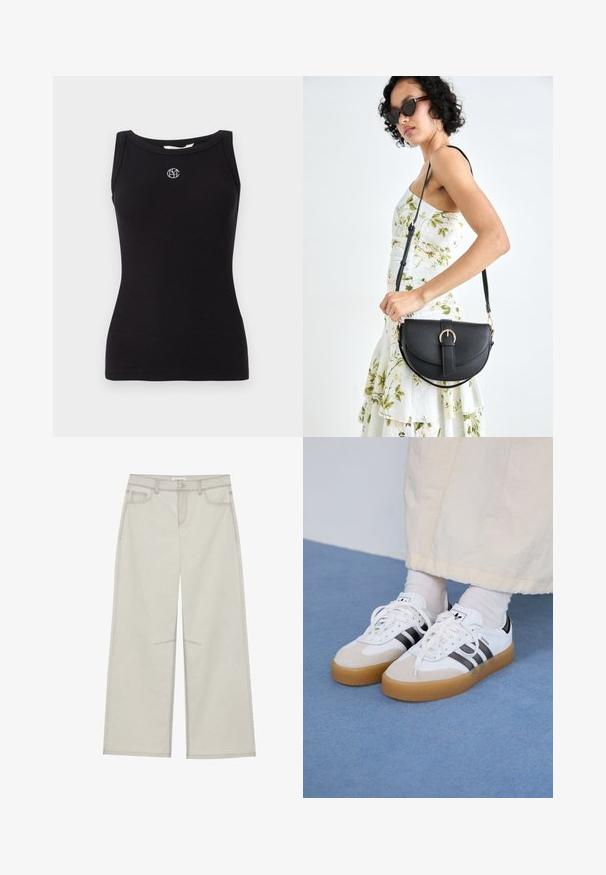 Top de alças preto em ribana com decote redondo. Apresenta um logótipo bordado em branco no peito e não tem padrões ou texturas adicionais.; Calças largas de um cinza claro com cinco bolsos, fecho frontal com botão e costuras em contraste ao longo das emendas. O tecido parece suave e durável.; Ténis brancos com riscas pretas e detalhes em camurça bege. Apresentam uma sola de borracha texturizada e atacadores brancos lisos, usados com meias de tom claro.; Bolsa de couro preta com forma curva, alça destacável e detalhes em dourado. A bolsa possui uma aba com detalhe de fivela.
