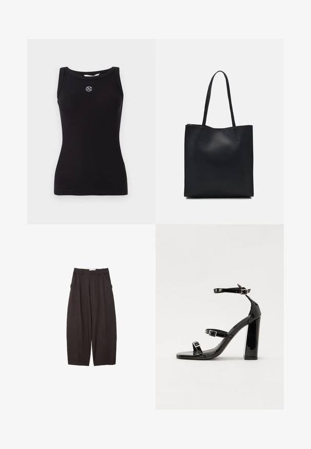 Schwarzes, geripptes Tanktop mit Rundhalsausschnitt. Verfügt über ein in Weiß gesticktes Logo auf der Brust und besitzt keine zusätzlichen Muster oder Texturen.; Schwarze weit geschnittene Hosen aus einem glatten Stoff, mit hoher Taille, Frontfalten und Seitentaschen. Schlichtes Design ohne Verzierungen.; Schwarze patentierte Sandalen mit Absatz, quadratischer Spitze, Knöchelriemen und silbernen Schnallen. Mit einem stabilen Blockabsatz für mehr Stabilität.; Schwarze Laptoptasche aus Leder mit glatter Textur, rechteckiger Form und zwei langen Griffen. Keine sichtbaren Beschläge oder Verzierungen.