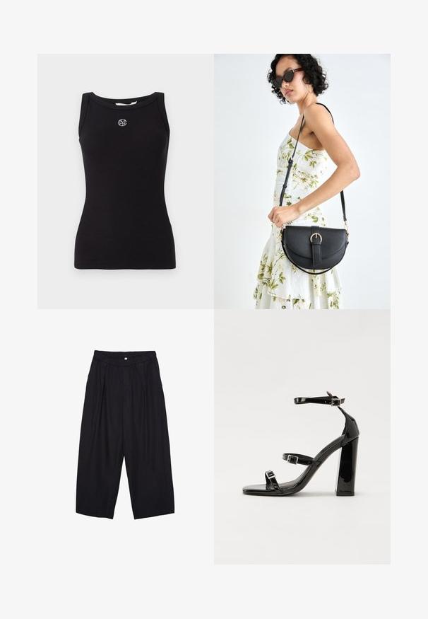 Black ribbed tank top with a round neckline. Features an embroidered logo in white on the chest and no additional patterns or textures.; Black polyester culotte pants with an elastic waistband, two front pleats, and a loose silhouette. No visible patterns or hardware details.; Black patent heeled sandals with a square toe, ankle straps, and silver buckles. Features a chunky block heel for stability.; Black leather handbag with a curved shape, detachable strap, and gold hardware. The bag features a flap with a buckle detail.