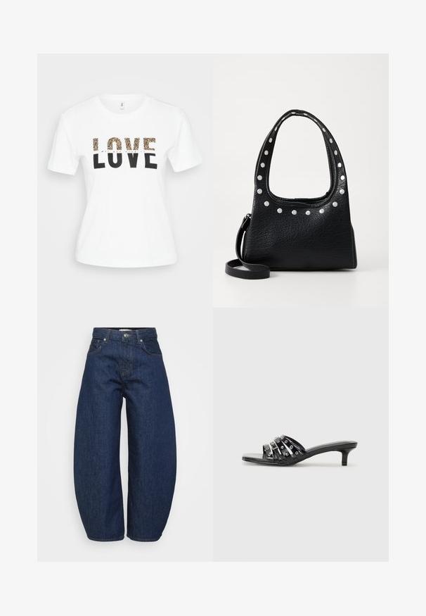 White short-sleeve t-shirt with "LOVE" text; top letters in leopard print, bottom letters in black, and small cursive "All you need is" above.; Dark blue denim jeans with a wide, relaxed fit. Features a zip fly, four pockets, and contrasting stitching along seams.; Black heeled sandals with multiple glossy straps and metallic accents, featuring a pointed toe and modest kitten heels. Smooth texture.; Black textured leather handbag with silver studs along the top edge and handles, featuring a short handle and a detachable strap.; Silver hoop earring with a polished finish, featuring small gold accent details and a round shape, worn on the lobe.
