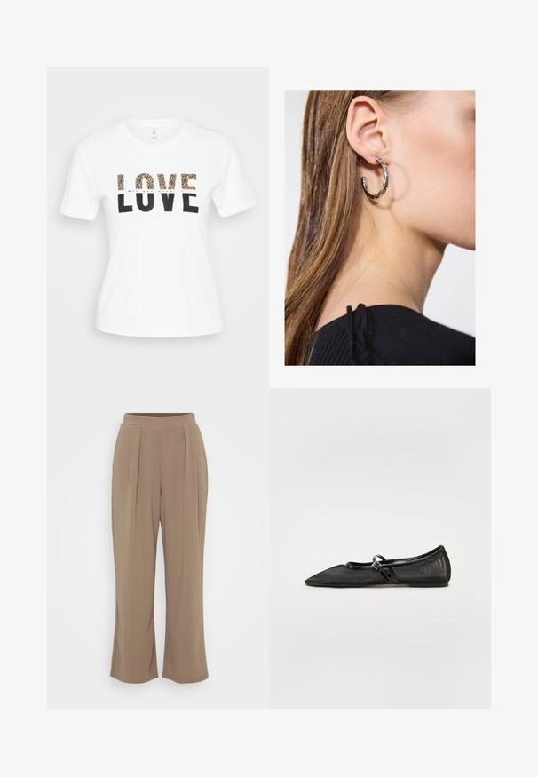 Biela tričko s krátkym rukávom s nápisom "LOVE"; horné písmená sú v leopardo vzore, dolné písmená sú čierne a nad nimi je malý kurzívou napísaný text "All you need is".; Hnedé nohavice s širokými nohavicami vyrobené z mäkkého materiálu, s prednými záhybmi a elastickým pásom pre pohodlie. Čistý, minimalistický dizajn.; Čierne ploché topánky s špicatou špičkou, sieťovaným zvrškom a akcentmi z lakovanej kože. Obsahujú tenký pásik s detailom okrúhleho hardvéru.; Strieborná kruhová náušnica s lesklým povrchom, obsahujúca malé zlaté akcenty a okrúhly tvar, nosená na lalôčiku ucha.