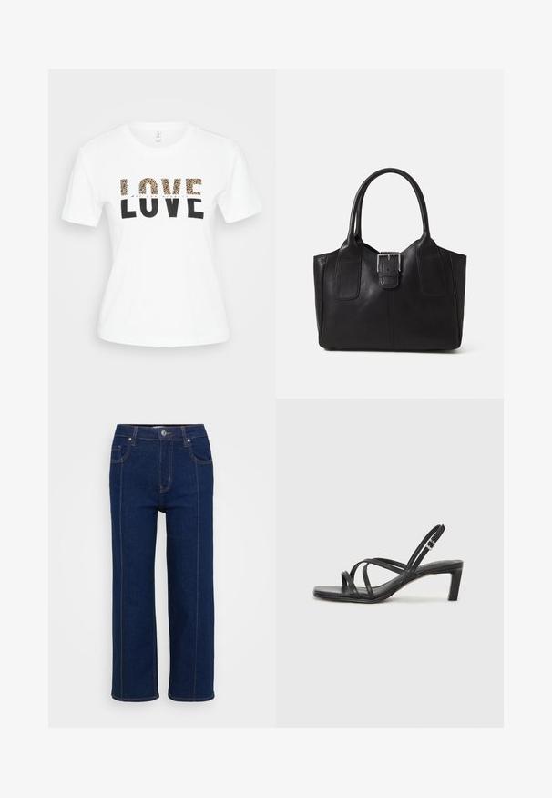 Witte t-shirt met korte mouwen met de tekst "LOVE"; de bovenste letters in panterprint, de onderste letters in het zwart, en daarboven in kleine cursieve letters "All you need is".; Donkerblauwe rechte jeans met knoopsluiting, voor- en achterzakken, en zichtbare oranje stiksels langs de naden.; Zwarte sandaal met bandjes, vierkante teen en een lage blokhak. Voorzien van meerdere dunne bandjes en een verstelbare enkelband. Gemaakt van zacht leer.; Zwarte leren tote bag met een gladde textuur, gestructureerde vorm, twee handvatten en een opvallend zilveren sluitingdetail aan de voorkant.