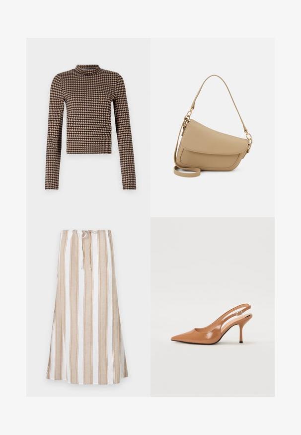 Hosszú ujjú felső fekete és barna kutyafog mintával, magas nyakkal és testhez simuló siluettel, puha, rugalmas anyagból.; Csíkos szoknya fehér és világosbarna színekben, húzózsinóros derékkal és hosszú, bájos ráncolással. Könnyű anyagból készült, laza szabással.; Fingerszűk, hegyes orrú, háttámlás sarokcipő sima, fényes barnás anyagból. Íves kivágású dizájn és karcsú stiletto sarkú. Ezüst csattal ellátva.; Even&Odd Kézitáska - beige