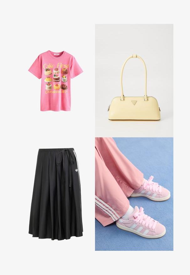 Pink cotton t-shirt featuring an illustration of various cakes, with the text “Cake First Questions Later” in yellow above.; Black midi skirt with elastic waistband, side tie, white stripes, and Adidas trefoil logo on the right side.; Pink athletic shoes with light blue stripes, round toe, and thick pink laces, paired with pink track pants featuring white side stripes.; Yellow patent leather handbag with a rounded shape, single top handle, and a silver logo plate. Features a zip closure and smooth texture.
