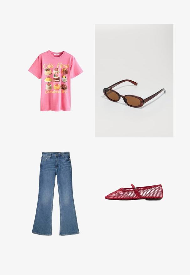 Ružová bavlnená tričko s ilustráciou rôznych koláčov a s textom „Najprv torta, potom otázky“ v žltej farbe nad ilustráciou.; Rozšírené modré džínsy vyrobené z denimu, s stredne vysokým pásom, piatimi vreckami a vyblednutou textúrou so šitými detailmi pozdĺž švov.; Červené sieťové baleríny s špicatou špičkou, ktoré majú tenký remienok a detail s prackou. Zvršok má otvorený, včelí plástový vzor.; Okrúhle slnečné okuliare s hnedým nádychom a lesklým burgundským rámom. Úzke ramená s jemným brandovaním. Plochej šošovky dizajn.