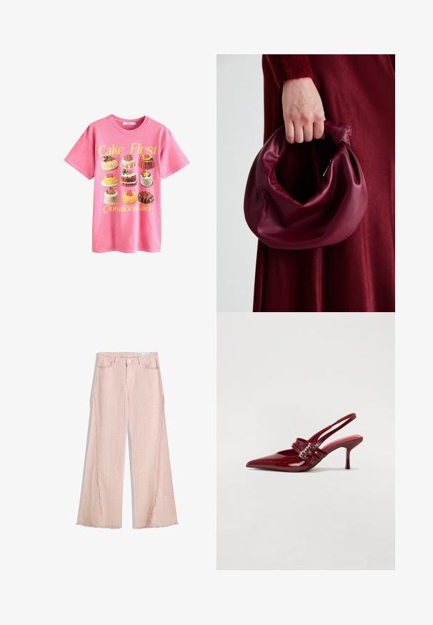 Maglietta di cotone rosa con un'illustrazione di vari dolci, accompagnata dal testo "Prima il dolce, poi le domande" in giallo sopra.; Jeans a gamba larga rosa chiaro con finitura testurizzata, orlo frangiato e design a cinque tasche. Presenta una chiusura con bottone e passanti per cintura.; Décolleté slingback in vernice rossa con punta affusolata, due cinturini con fibbia e un sottile tacco a stiletto di media altezza. Texture liscia.; Borsa in pelle bordeaux con un design morbido e arricciato e una forma arrotondata. Il manico è fissato, mostrando una texture liscia.