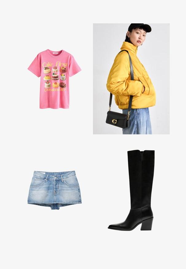 Un tricou roz din bumbac, cu o ilustrație a diferitelor prăjituri, având textul "Întâi prăjituri, apoi întrebări" în galben deasupra.; Șorturi din denim în bleu deschis cu un aspect decolorat. Au cinci buzunare și o închidere cu nasture în față. Croi clasic cu o margine dreaptă.; Cizme negre până la genunchi, fabricate din piele netedă, cu vârf ascuțit, toc pătrat și o decupare în formă de V în partea de sus.; Geacă galbenă căptușită cu guler înalt și buzunar frontal, asociată cu o geantă de umăr neagră cu accesorii aurii. Pantaloni casual din denim.