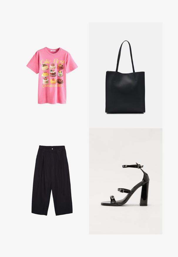 Roze katoenen T-shirt met een illustratie van verschillende taarten, met de tekst "Eerst Taart, Dan Vragen" in het geel erboven.; Zwarte polyester culottes met een elastische tailleband, twee voorkreukels en een losse pasvorm. Geen zichtbare patronen of hardware-details.; Zwarte gepatenteerde sandalen met hak en een vierkante neus, enkelbandjes en zilveren gespen. Heeft een stevige blokhak voor stabiliteit.; Zwarte leren handtas met een gladde textuur, rechthoekige vorm en twee lange handvaten. Geen zichtbare hardware of versieringen.