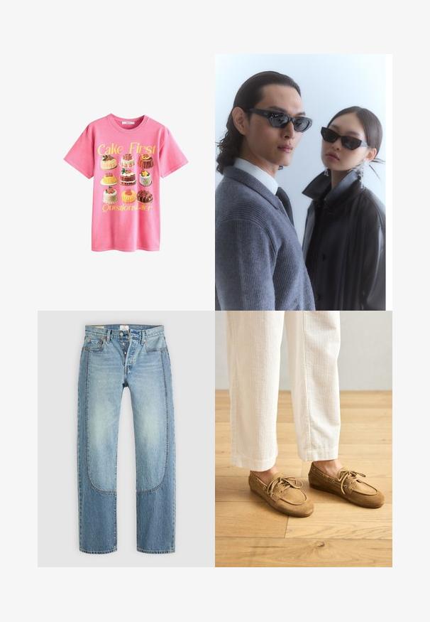 Roze katoenen T-shirt met een illustratie van verschillende taarten, met de tekst "Eerst Taart, Dan Vragen" in het geel erboven.; Lichtblauwe denim jeans met een rechte, losse pasvorm, voorzien van contrasterende paneeldetails en een vijf-pocket ontwerp. Knopen vloogsluiting.; Bruine suède bootschoenen met veters, met een ronde neus en gestikte accenten. G gecombineerd met witte corduroy broek in een houten omgeving.; Zonnebril met hoekige zwarte frames op een model in een grijs sweater, waarin een gestructureerde brei te zien is, en een zwart leren jack gedragen door een ander model.; Zwarte leren handtas met een gebogen vorm, gouden studs langs de rand, een verstelbare schouderband en een zijlus voor extra detail.