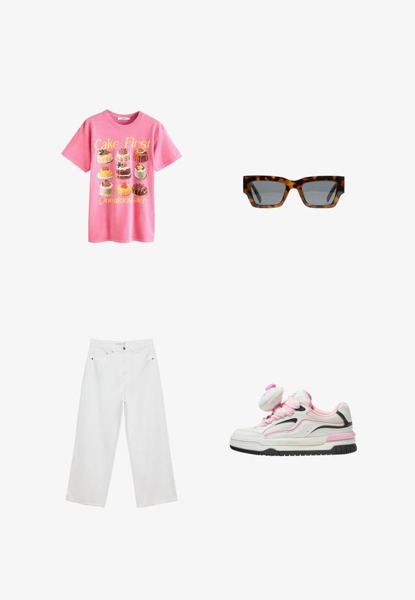 Rosa bomulds t-shirt med en illustration af forskellige kager, med teksten "Kage Først, Spørgsmål Senere" i gul ovenfor.; Hvide bukser med bred benvidde lavet af denim med høj talje, der har fem lommer og metalhardware. Glat tekstur, uden synlige mønstre.; Hvide og lyserøde sneakers med en mesh-overdel, polstret tunge og sorte detaljer. Tykk gummisål med tekstureret slidbane for godt greb.; Skildpaddemønstrede solbriller med vinkelformede rammer, grå linser og en glat overflade. Har et iøjnefaldende geometrisk design og tykke stænger.; Hvid vævet læderhandbag med en guld-tone håndtag, aftagelig skulderrem og rund bund. Har en lynlåslukning på toppen.