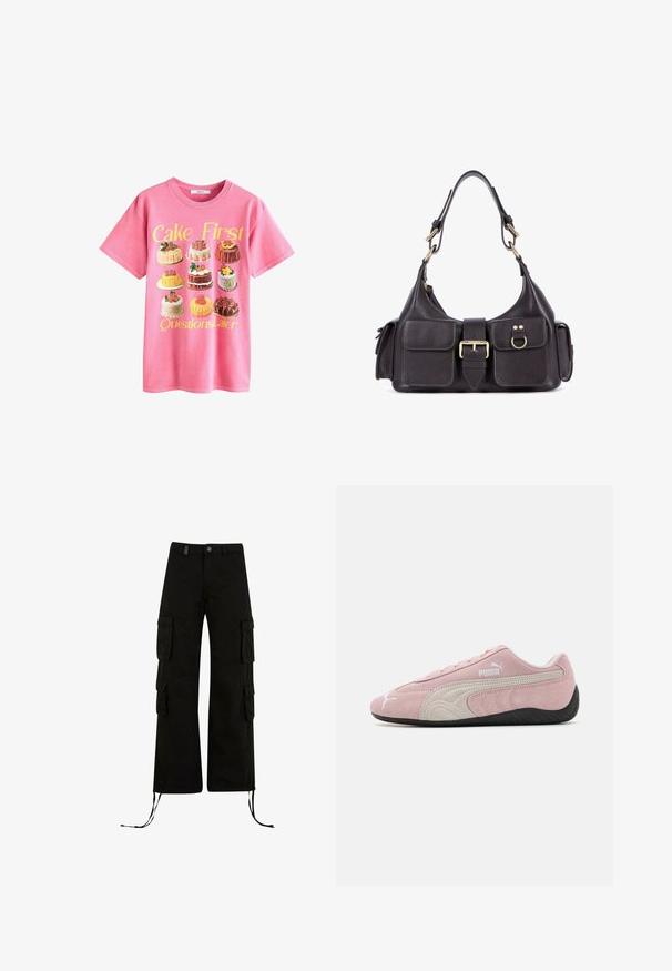 Pink cotton t-shirt featuring an illustration of various cakes, with the text “Cake First Questions Later” in yellow above.; Black cargo pants with a relaxed fit, featuring cargo pockets on the sides, drawstring hems, and a button closure at the waist.; Pink suede sneaker with grey accents, streamlined design, textured upper, and black rubber sole. Features Puma logo on the side.; Dark leather handbag featuring two front pockets, a central buckle, and gold-tone hardware. Smooth texture with a curved silhouette.