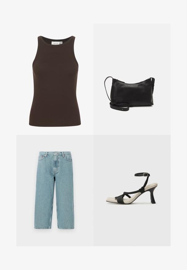 Gestuz DREW LOGO TANK - Tops - dark brown; Gai zila džinsu šorti ar augstu jostasvietu, taisnu griezumu un neapstrādātu apakšējo malu. Ietver klasisku pogu un rāvējslēdzēja aizdari, četras kabatas.; Melnas augstpapēžu sānijas ar pinuma siksnu dizainu, kvadrātveida purngali un regulējamu potītes siksnu. Gaismas beidzamais kāju paklājiņš ar spīdīgu melnu papēdi.; Melna ādas plecu soma ar gludu tekstūru, izliekta forma, regulējama siksna un rāvējslēdzēja aizdare. Minimālistisks dizains bez rotājumiem.