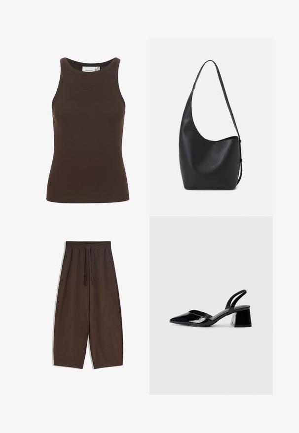 Gestuz DREW LOGO TANK - Linne - dark brown; Bruna vida byxor av mjukt tyg, med elastisk midja och dragsko, med slät textur och ren design.; Svarta lackläder slingback klackar med spetsig tå och geometrisk klack. Har en elegant, minimalistisk design och slät yta.; Svart läder hobo-väska med en slät textur, kurvig form och en justerbar axelrem; har en bred öppning upptill.