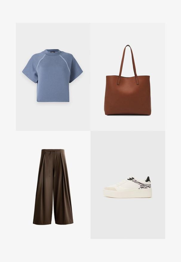 Felpa cropped blu con maniche corte, scollatura rotonda e cuciture a contrasto lungo le cuciture delle spalle, realizzata in tessuto morbido.; Pantaloni ampi marroni realizzati in un tessuto testurizzato, con vita regolabile e pieghe frontali.; Even&Odd Sneakers basse - white/black; Borsa tote in pelle marrone con texture liscia, design con apertura superiore e due spallacci. Presenta cuciture minime e nessun hardware visibile.