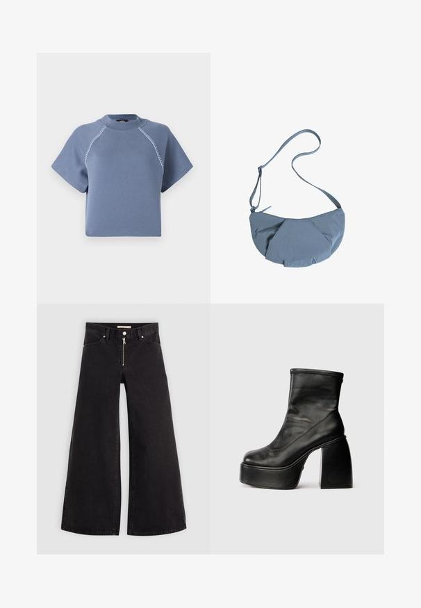 Felpa cropped blu con maniche corte, scollatura rotonda e cuciture a contrasto lungo le cuciture delle spalle, realizzata in tessuto morbido.; Jeans a gamba larga in denim nero con chiusura a zip, design a cinque tasche e dettagli di cucitura sottili. Texture morbida e stile casual.; Stivali alla caviglia in pelle nera con punta rotonda, texture liscia e un evidente tacco a blocco. Presentano una cerniera laterale. Design minimalista.; Borsa a tracolla in tessuto grigio con forma arrotondata, dotata di un design frontale arricciato e di una sottile tracolla regolabile. Chiusura con zip nella parte superiore.