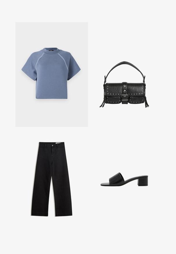 Niebieski krótki sweatshirt z krótkimi rękawami, okrągłym dekoltem i kontrastowym przeszyciem wzdłuż szwów ramion, wykonany z miękkiego materiału.; Czarne dżinsowe spodnie o szerokich nogawkach i wysokim stanie, z przednimi i tylnymi kieszeniami, przeszyciami oraz zapięciem na guziki. Gładka struktura.; Czarne skórzane klapki na otwartym palcu z szerokim paskiem i solidnym obcasem blokowym. Charakteryzują się gładką fakturą i minimalistycznym designem.; Czarna torebka na ramię z teksturowanej skóry, z zapięciem na klamrę, metalowymi ćwiekami wzdłuż krawędzi, dwoma małymi przednimi kieszeniami i krótkim uchwytem.