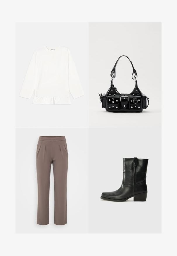 Fehér, hosszú ujjú felső, puha anyagból, fodros aljjal. A dizájn része a kerek nyakkivágás és a diszkrét márkajelzés a mellrészén.; Taupe színű, lazán szabott nadrág, gumis derékkal és elülső pliszírozással, sima anyagból készült.; Fekete bőr bokacsizma lekerekített orral, blokk sarkúval, oldalsó cipzárral és varrásos díszítéssel az elején. Simább textúra, klasszikus dizájn.; Fekete bőr kézitáska ívelt designnal, ezüst szegecsekkel, csattal és két oldalsó zsebbel. Állítható vállpánt a hordozási lehetőségekhez.