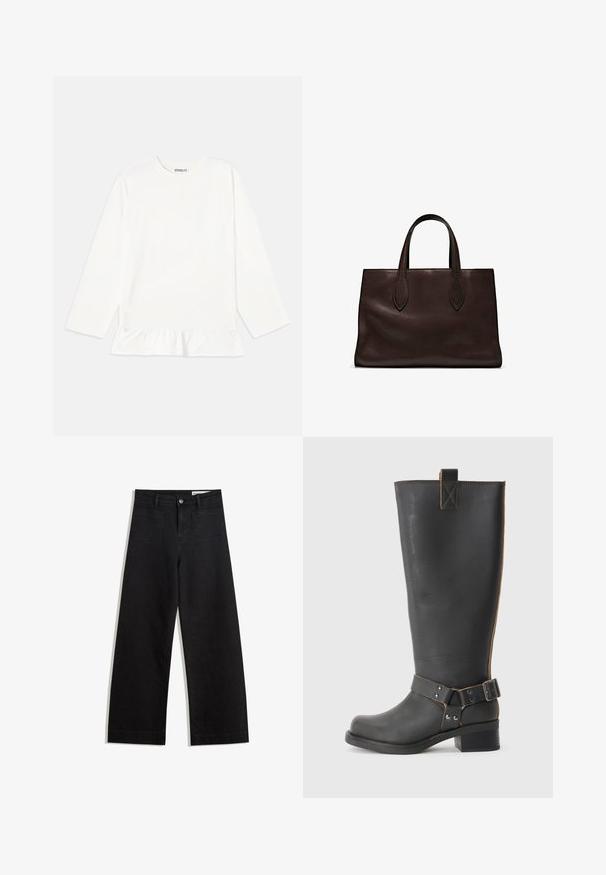 Weißes Langarmoberteil aus weichem Stoff mit einem gesmokten Saum. Es verfügt über eine runde Ausschnittform und dezentes Branding auf der Brust.; Schwarze weit geschnittene Jeans mit hoher Taille, ausgestattet mit Vorder- und Hintertaschen, gesteppten Nähten und einem Knopfverschluss. Glatte Textur.; Schwarze Leder-Stiefel bis zum Knie mit strukturiertem Finish, seitlichem Schnallenakzent und niedrigem Absatz. Detaillierte Steppnähte entlang der Nähte.; Braune Ledertasche mit zwei langen Griffen, strukturierte rechteckige Form, glatte Textur und dezente Nähdetails.