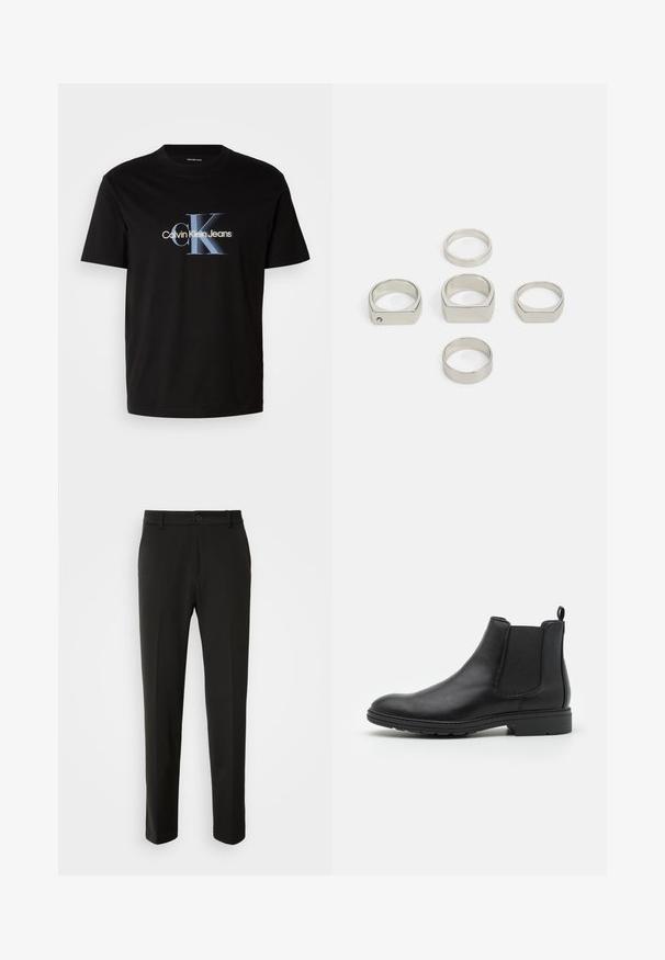 Must have mustern mustra t-särk, millel on suur sinine ja valge "CK" logo koos "Calvin Klein Jeans" tekstiga all, lühikesed varrukad ja ümar kaelus.; Mustad püksid siledast kangast, sirgete jalgadega, nupuvõtme sulgemisega ja klassikaline disain, sobiv nii ametlikeks kui ka igapäevasteks kandmiseks.; Mustat nahast Chelsea saapad elastsete külgpaneelide ja tõmbeotsaga, ümarate varvaste ja tekstuurse kummitaldiga.; Kuuest metallpildist hõbedast sõrmuste komplekt, mis sisaldab erinevaid kujundeid, sealhulgas ümmargusi ja ruudukujulisi, millel on siledad tekstuurid ja minimalistik disain.