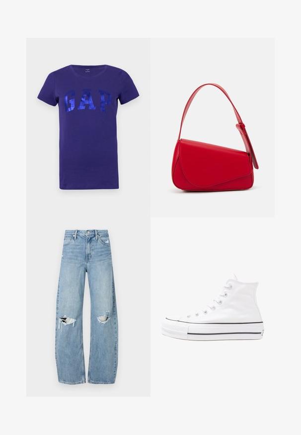 Lilla puuvillane t-särk, millel on läikiv sinine "GAP" logo paksude tähtedega. Lühikesed varrukad ja ümar kaelus.; Heledad hallideega sinised teksad, millel on kõrge talje. Teksade jalgadel on lai alus, kaks rebitud kohta põlvede ümber ning klassikaline viie tasku stiil.; Valge kõrgem kangast tenniseking, millel on must kummist tald, ees kummist varvasetugi ja kuus aukku paelte jaoks, pakkudes puhta ja minimalistliku disaini.; Punane nahast käekott, millel on nurkadega geomeetriline disain. Omab ühte reguleeritavat rihma ja klappidega sulgemist, millel on õmblustega kaunistused.