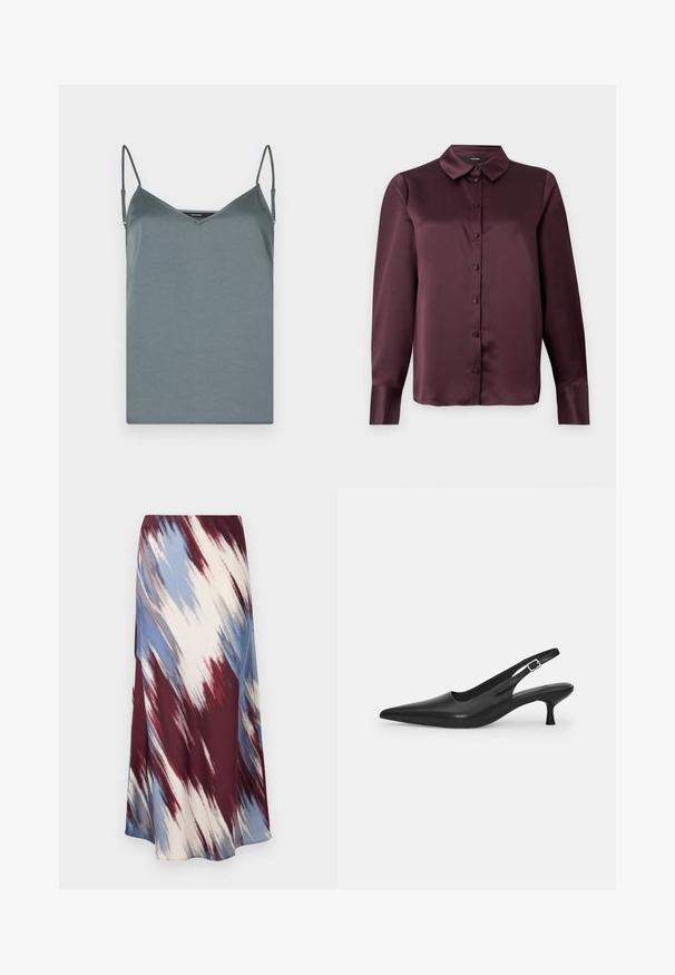 Hallhalli, satiinist kampsun v-kaelusega, reguleeritavate spageti õlapaeltega ja siledaga. Sirge äär ilma mustrite ja aktsentideta.; Bordoo satiinist nuppudega pluus klassikalise kraega, pikkade varrukatega ja sujuva tekstuuriga. Omab esist koosolekuplaati kooskõlas nuppe.; Pikad seelik, millel on diagonaalne tie-dye muster burgundia, sinise ja kreemja värviga, valmistatud pehmest kangast, omades voolavat siluetti ja kerget sära.; Mustmustast musta nahast slingback king, millel on terav varvas ja kitsas, kumer konts. Omab diskreetset reguleeritavat rihma metallist pandlaga.