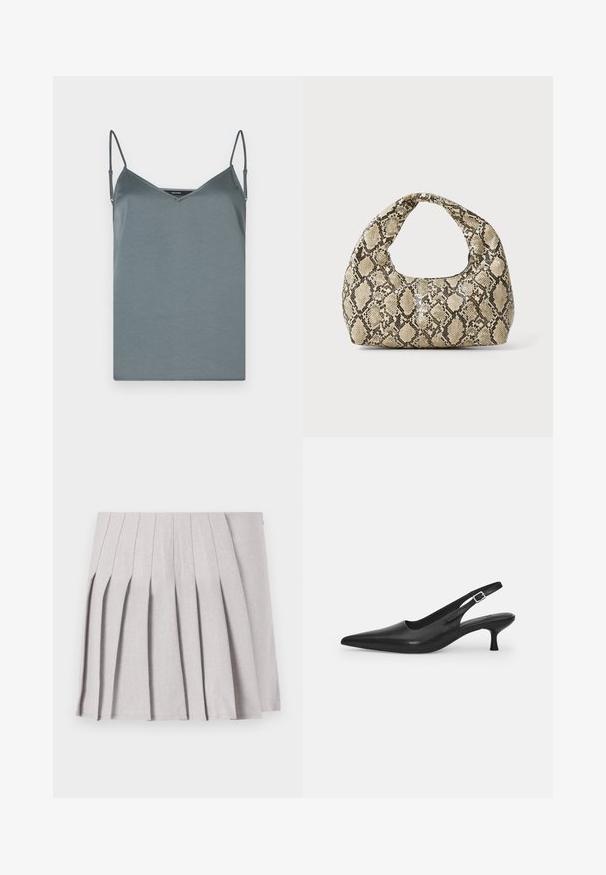 Pilkos, satino camisole marškiniai su V formos iškirpte, reguliuojamomis spaghetti petnešėlėmis ir sklandžiu paviršiumi. Tiesus apvadas be raštų ar akcentų.; Pilka klostuota sijonas su lygiu paviršiumi, su daugeliu vertikalių klosčių ir pritaikytu juosmeniu. Pagamintas iš lengvo audinio.; Juodos odinės slingback bateliai su smailiu nosiu ir plonu, lenktu kulnu. Yra diskretiška reguliuojama juostelė su metaliniu sagtimi.; Gyvatės rašto rankinė su kreiviu rankenėle. Pagaminta iš tekstūruotų smėlio ir rudos spalvos medžiagų, su išskirtiniu rombo raštu.