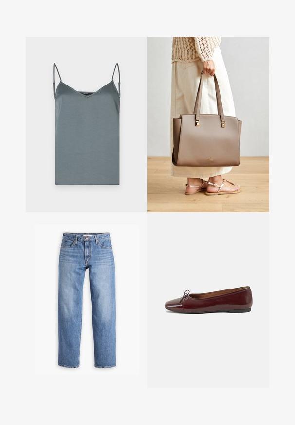 Šedá satiénová košieľka s výstrihom do V, nastaviteľnými tenkými ramienkami a hladkou textúrou. Priamy lem bez vzorov alebo ozdôb.; Svetlo modré denimové rifle so strihom rovného nohavic, piatimi vreckami a zipsom. Tkanina má klasický textúrovaný povrch s jemným vyblednutím.; Burgundské lakované balerínky s okrúhlou špičkou, malou mašľou na prednej strane a nízkou čiernou gumovou podrážkou. Hladký povrch.; Hnedá syntetická taška s dvoma dlhými rúčkami, štvormi kovovými akcentmi a jemným logom. Nosená s svetloskrémovou sukňou a sandálmi.