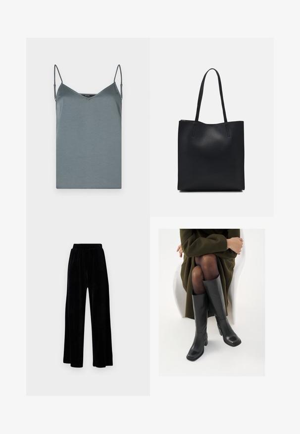Grijze, satijnen camisole met een V-halslijn, verstelbare spaghettibandjes en een gladde textuur. Rechte zoom zonder patronen of accenten.; Zwarte wijde broek van zachte fluweel, met een elastische tailleband en een gladde textuur, zonder zichtbare details of patronen.; Knieschijf hoge zwarte leren laarzen met een vierkante neus en blokhak, getoond met een model dat zit in een olijfgroene jas. Gladde textuur, minimale details.; Zwarte leren handtas met een gladde textuur, rechthoekige vorm en twee lange handvaten. Geen zichtbare hardware of versieringen.