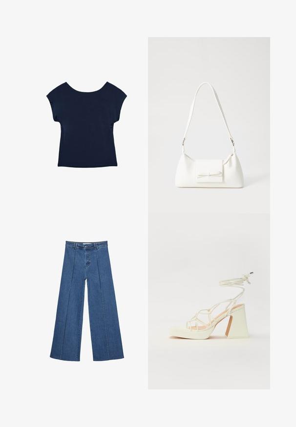 Navy blue short-sleeve top with a wide neckline and loose fit. Smooth texture, hip-length design, and no visible patterns or hardware.; Wide-leg denim jeans in medium blue, featuring a high waist, button closure, and contrasting vertical seam details along the front.; White high-heeled sandal with a chunky heel, featuring a strappy design and ankle tie. Smooth texture with a platform front for added height.; White synthetic handbag with a triangular shape, flat front flap and bow detail, adjustable strap, smooth texture, and minimalistic design.