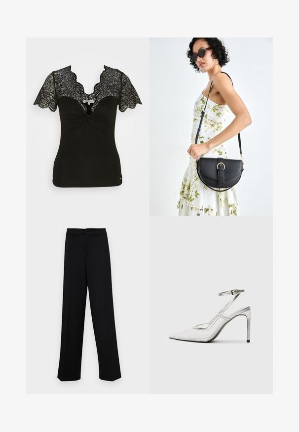 Morgan DENNY - Apdrukāts T-krekls - noir; Melnas platajās bikses, kas izgatavotas no gludas auduma, ar klasisku jostu un pogu aizdari, kā arī priekšējām kroku detalizācijām.; Caurs stiletto papēžu kurpes ar norādītu pirkstu, caurspīdīgu materiālu, metāliskas sudraba akcentus un regulējamu potītes siksniņu.; Melnas ādas rokassoma ar izliekta formu, noņemamu siksnu un zelta aksesuāriem. Somai ir vāciņš ar sprādzes detaļu.