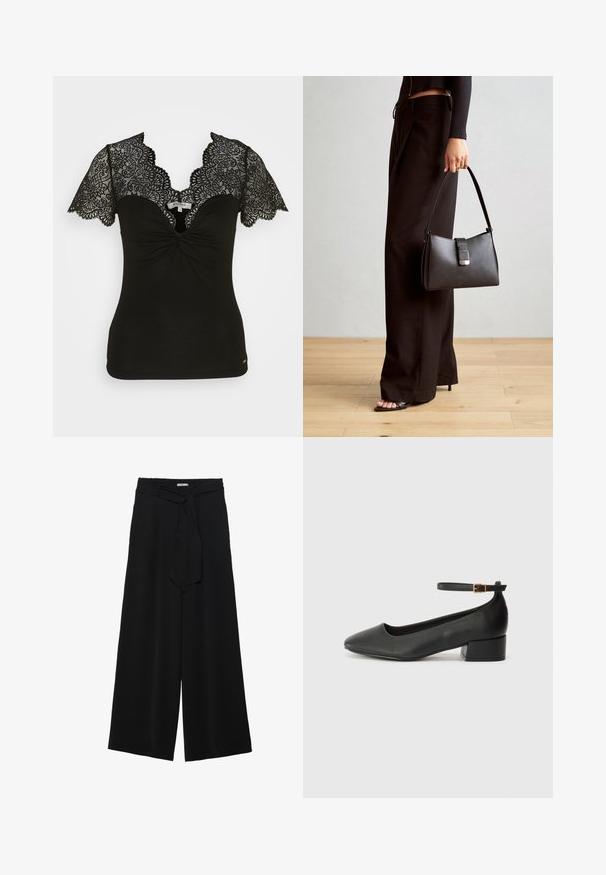 Morgan DENNY - Trükipildiga T-särk - noir; Mustad laiad püksid, millel on tekstureeritud kangas, elastne vöökoht ja eemaldatav pael vööst, et reguleerida sobivust.; Must mustaapp, millel on terav nina ja madal blokk-kand. Omab pahkluu rihma koos kuldse tooni pandlaga. Sile tekstuur.; Must musta kott, millel on struktureeritud kuju, sile tekstuur ja metallist klamber. Kombineeritud laiate mustade pükstega ja avatud varvaste sandaalidega puidust põrandal.