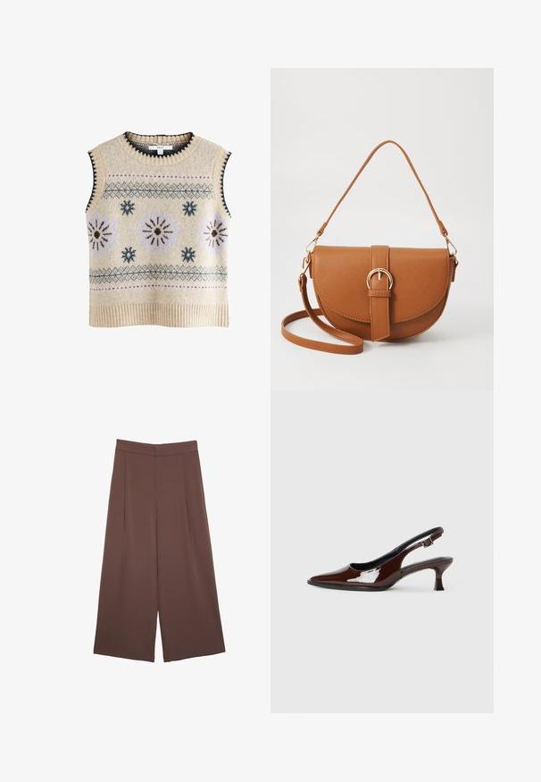 Next REGULAR FIT - Top - neutral; Rjave široke hlače z gladko teksturo, ki imajo visok pas in sprednje naborke. Tkanina je lahka in prosto pada.; Rjavi lakirani slingback čevelj z ostro konico in zmerno peto. Ima zaponko za varno prileganje. Gladka tekstura.; Rjava usnjena torbica prek telesa s ukrivljeno obliko, zlate opreme in sponko. Ima odstranljiv naramni trak.