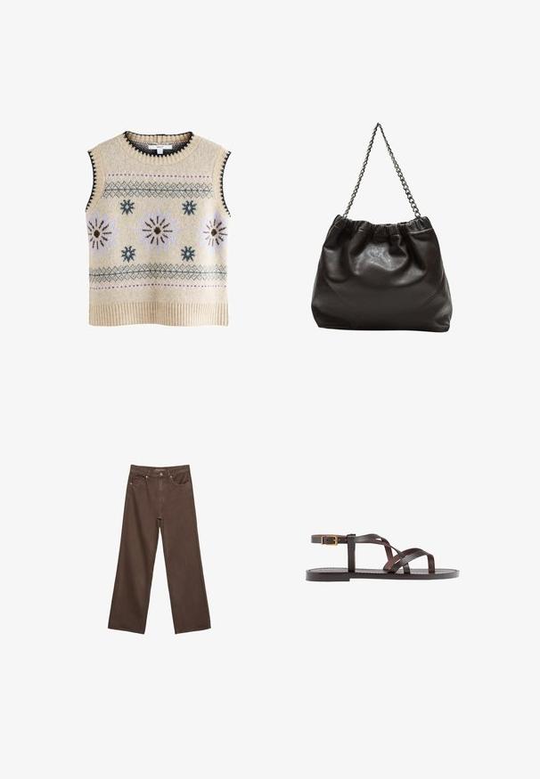 Next REGULAR FIT - Top - neutral; Wide-leg brown jeans made of denim, featuring a high waist, front pockets, and a classic button closure. Smooth texture with subtle stitching.; Brown leather sandal featuring crisscross straps, an ankle buckle closure, and a flat sole with minimal stitching details.; Brown leather bag with a gathered top and a chain strap. Smooth texture with a glossy finish and subtle seam detailing on the sides.