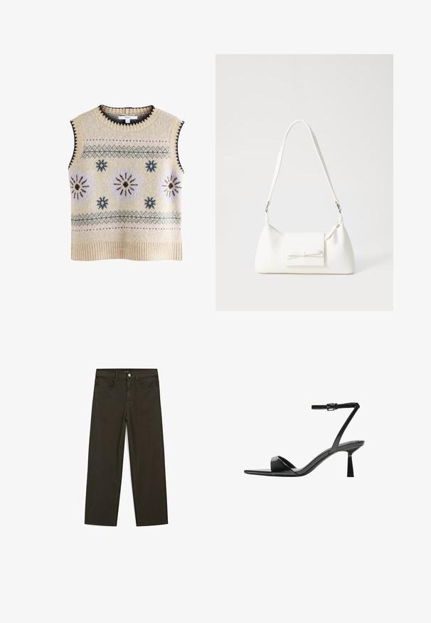 Next REGULAR FIT - Top - neutral; Donkergroene wijde jeans van een katoenmix, met een sluiting met een voorste knop, vijf zakken en klassieke denimstiksels.; Bershka Sandalen met hoge hak - black; Witte synthetische handtas met een driehoekige vorm, platte voorklep en strikdetail, verstelbare schouderriem, gladde textuur en minimalistisch ontwerp.