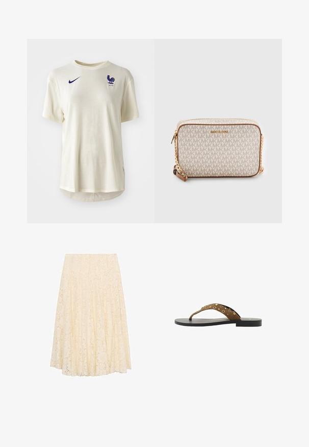 Krémové tričko Nike s krátkymi rukávmi, na ľavej hrudi s modrým logom kohúta a emblémom 'FFF'. Hladká textúra látky.; Krémová čipkovaná midi sukňa s kvetinovým vzorom, skladaným dizajnom a hladkou textúrou. Pás je plochý a dĺžka sukne končí pod kolenami.; Hnedé zamšové žabky s jedným remienkom, ktorý je ozdobený zlatými nitmi, čiernou vonkajšou podrážkou, plochým dizajnom a jednoduchým, minimalistickým tvarom.; Béžová crossbody taška vyrobená z plátna s opakujúcim sa vzorom loga MK, zlatým kováním a reťazovým popruhom. Obsahuje zipsové zapínanie a kožené akcenty.