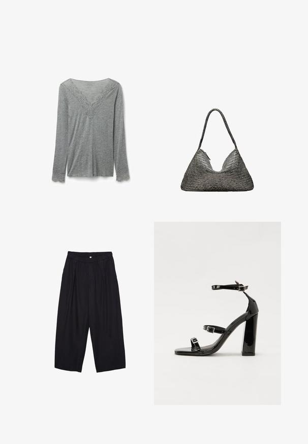 Grau langärmliges Oberteil aus einem weichen Stoff, mit einem V-Ausschnitt, der mit filigraner Spitzenborte verziert ist, sowie Spitzenakzenten an den Ärmeln.; Schwarze Polyester-Culotte mit einem elastischen Bund, zwei vorderen Falten und einer lockeren Silhouette. Keine sichtbaren Muster oder Hardware-Details.; Schwarze patentierte Sandalen mit Absatz, quadratischer Spitze, Knöchelriemen und silbernen Schnallen. Mit einem stabilen Blockabsatz für mehr Stabilität.; Graue gewebte Handtasche in dreieckiger Form, mit einem einzigen Tragegurt und strukturierten Oberflächen, Reißverschlussverschluss und gleichmäßigem Muster.