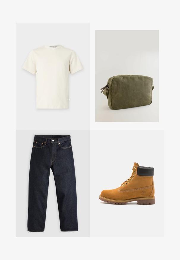 Žvyninė smėlio spalvos medvilninė marškinėliai su apvaliu kaklu ir trumpomis rankovėmis. Sukurtas tiesios kirpimo, su mažyte logotipu ant kairiojo šono.; Tamsiai mėlynos džinsinės kelnės su tiesiu kirpimu, penkiomis kišenėmis, kontrastingomis oranžinėmis siūlėmis ir mygtukų užtrauktuku. Nėra matomų raštų ar papuošimų.; Tan spalvą turintys suknelės batus iki kulkšnies su juodu paminkštintu apvadu, auksiniais metaliniais akių užsegimais, baltais siūlų dekoratyviniais elementais ir tvirtu guminiu padu su ryškiai išreikštais raštais.; Alyvuogių žalia kanvos rankinė, stačiakampio formos, su užtrauktuku ir odinėmis detalėmis ant užtrauktuko traukimo.