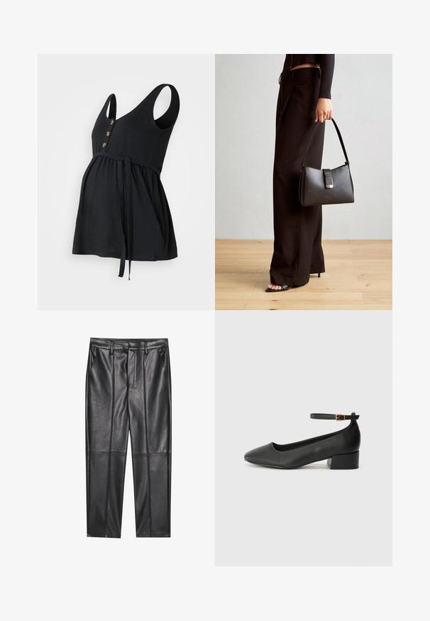 Svart graviditetstopp med ermeløs design, v-hals, tre gyldne knapper og justerbar belte i midjen; myk stoff og avslappet passform.; Sorte lærbukser med en glat tekstur, der har en lige pasform, to forlommer og synlige sømdetaljer.; Sorte skinnpumper med spiss tå og lav blokkhelt. Har ankelrem med gullfarget spenne. Glatt tekstur.; Svart håndveske med strukturert form, jevn tekstur og metallisk lås. Kombinert med brede svarte bukser og sandaler med åpen tå på tregulv.