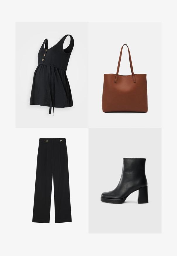 Top de maternidade preto com design sem mangas, decote em V, três botões dourados e cintura ajustável com cordão; tecido macio e corte descontraído.; Calças largas pretas com cintura alta, detalhes em botão na cintura e pregas frontais.; Bota de couro preta até ao tornozelo com salto bloco e sola com plataforma, vista de lado sobre um fundo branco liso.; Bolsa tote de couro castanho com uma textura suave, design de abertura superior e duas alças para o ombro. Apresenta costura mínima e sem hardware visível.